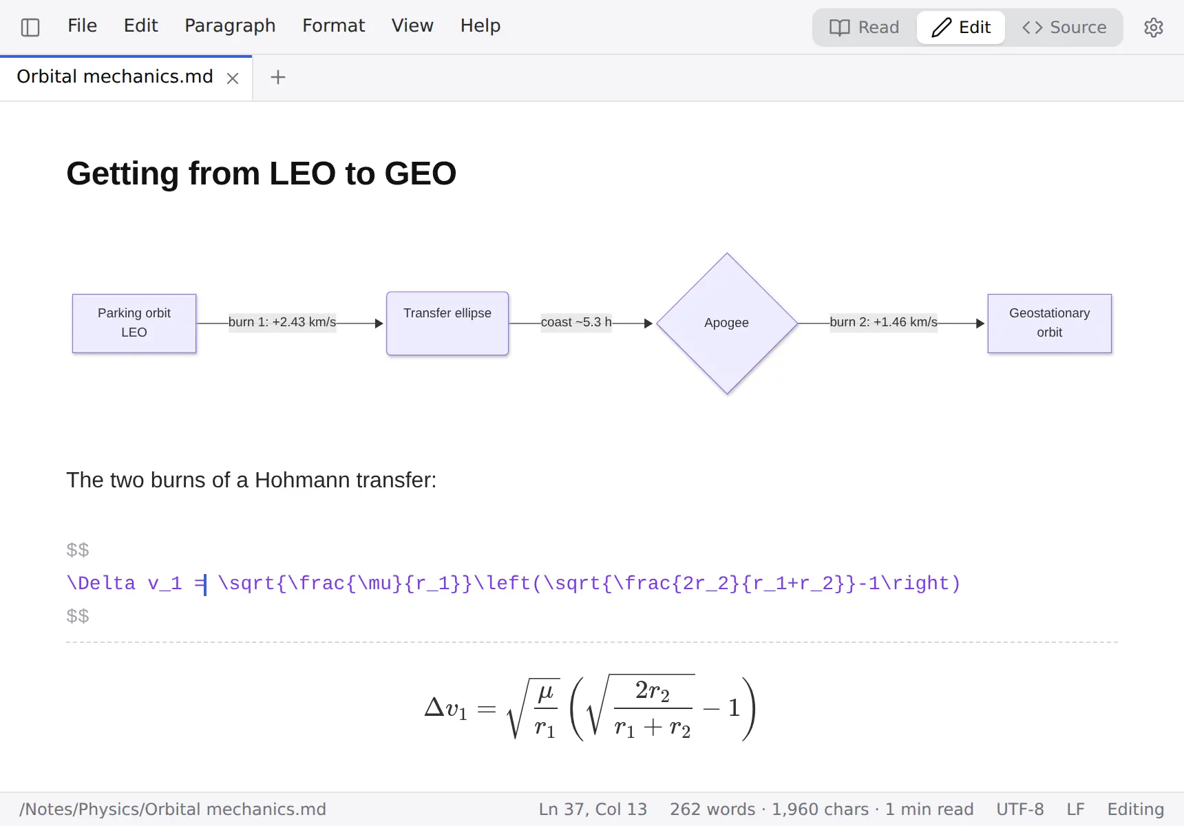 Live editing: the formula under the cursor shows its LaTeX source above the rendered result, below a rendered flowchart