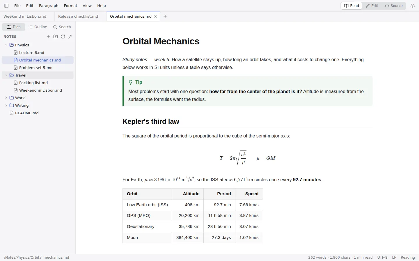 MarkItDown showing study notes with a callout, a formula and a table in the reading view, with a folder of notes in the sidebar