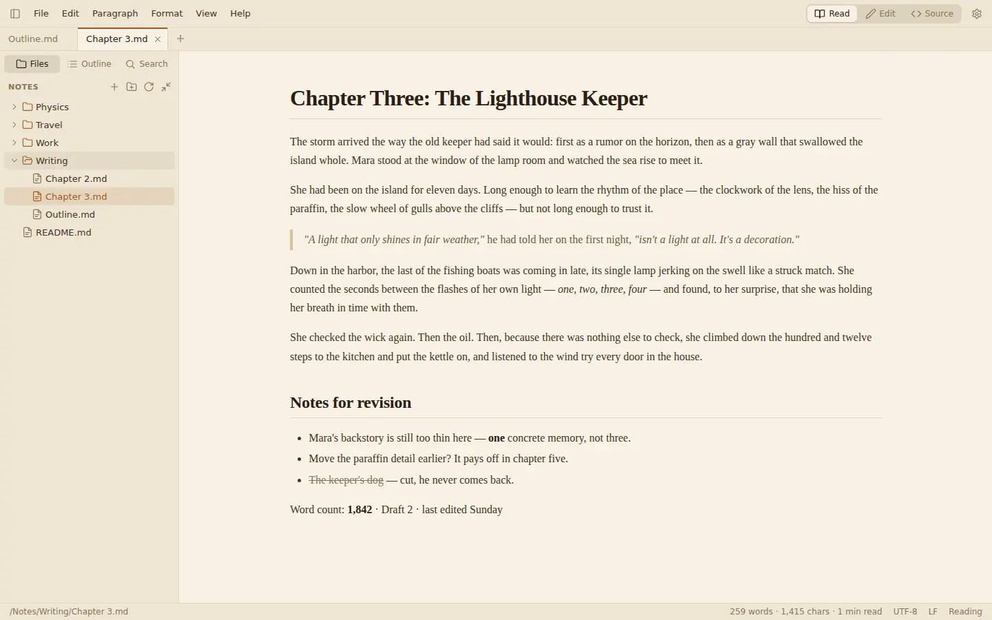 A story chapter in the Sepia theme with a serif font