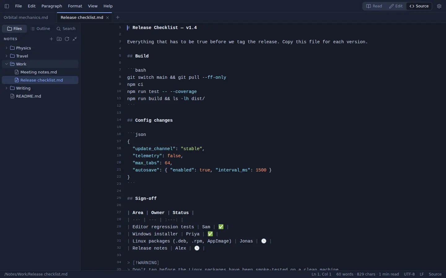A release checklist in source mode with line numbers in the Midnight theme